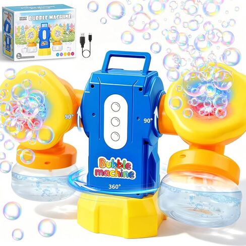 Rechargeable Bubble Machine for Kids, Dual Switch Control, Automatic 360° Rotation & 90° Adjustable Bubble Blower Maker with LED Lights Indoor Outdoor Toy Gift for Birthday Wedding Parties in Saudi Arabia