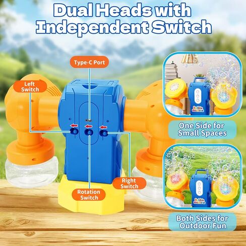 Rechargeable Bubble Machine for Kids, Dual Switch Control, Automatic 360° Rotation & 90° Adjustable Bubble Blower Maker with LED Lights Indoor Outdoor Toy Gift for Birthday Wedding Parties in Saudi Arabia