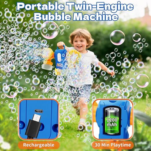 Rechargeable Bubble Machine for Kids, Dual Switch Control, Automatic 360° Rotation & 90° Adjustable Bubble Blower Maker with LED Lights Indoor Outdoor Toy Gift for Birthday Wedding Parties in Saudi Arabia