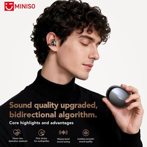 MINISO MS503 AI Translation Earbuds Real Time, 135 Languages Heart Rate Clip-On Earbuds, Bluetooth 6.0 Translating Ear Buds for Sport Travel Learning, IPX5 Waterproof, 48H Playtime (Black) in Kuwait