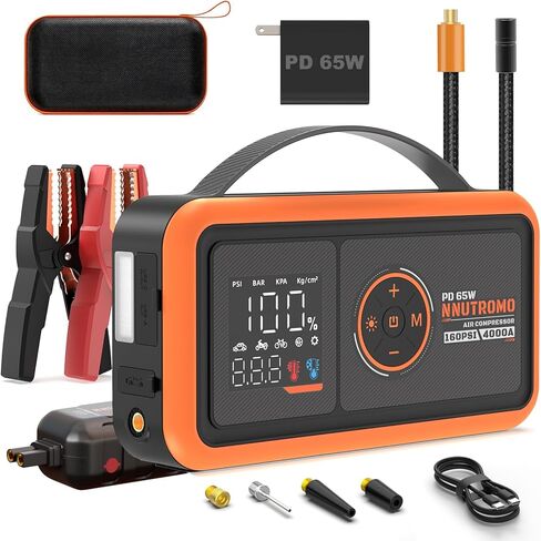 4000A Jump Starter with 160PSI Air Compressor and 65W Fast Charger, 88.8Wh 12V Portable Car Battery Booster Jump Box (10.0L Gas/10.0L Diesel) with Heavy-Duty Jumper Cables, Tire Inflator, LED Light in Saudi Arabia