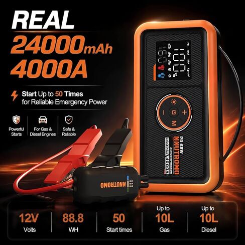 4000A Jump Starter with 160PSI Air Compressor and 65W Fast Charger, 88.8Wh 12V Portable Car Battery Booster Jump Box (10.0L Gas/10.0L Diesel) with Heavy-Duty Jumper Cables, Tire Inflator, LED Light in Saudi Arabia