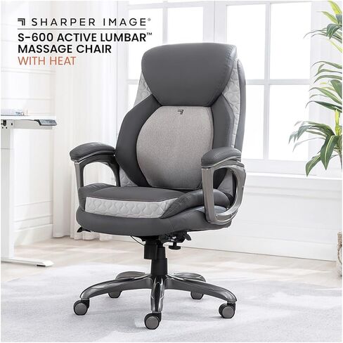 Sharper Image S-600 Active Lumbar Heated Ergonomic Bonded Leather Swivel Executive Massage Chair, Gray (60098-GRY) in Saudi Arabia