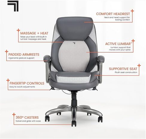 Sharper Image S-600 Active Lumbar Heated Ergonomic Bonded Leather Swivel Executive Massage Chair, Gray (60098-GRY) in Saudi Arabia