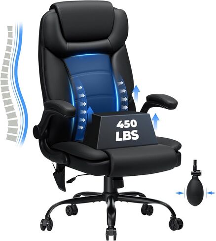 Executive Office Chair Big and Tall 450lbs Heavy Duty Office Chair with Adjustable Lumbar Support High Back Ergonomic Home Computer Leather Chair with Padded Flip-up Arms for Heavy People,Black in Saudi Arabia