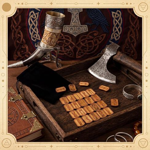 Sliner 26 Pcs Wooden Viking Runes Set 25 Elder Futhark Norse Runes with Black Velvet Bag for Divination Tool, Beginners Witchcraft, and Meditation in Kuwait