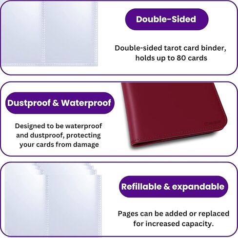 Tarot Card Binder PU Leather – Holds 80 Cards, Zippered Storage Case for Tarot & Oracle Cards – Portable Album with Expandable Sleeves, Double-Sided Sheets (Wine Red) in Saudi Arabia