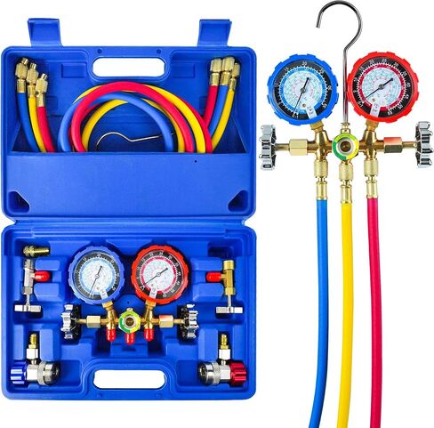 CALPOSE R1234yf AC Gauge, 3 Way AC Manifold Gauge Set for R1234yf Refrigerant, Refrigerant Gauges with 5FT Hoses，R410a Adapter, Puncturing Can Tap, Anti-Collision Dials Provide More Accurate Reading in Saudi Arabia