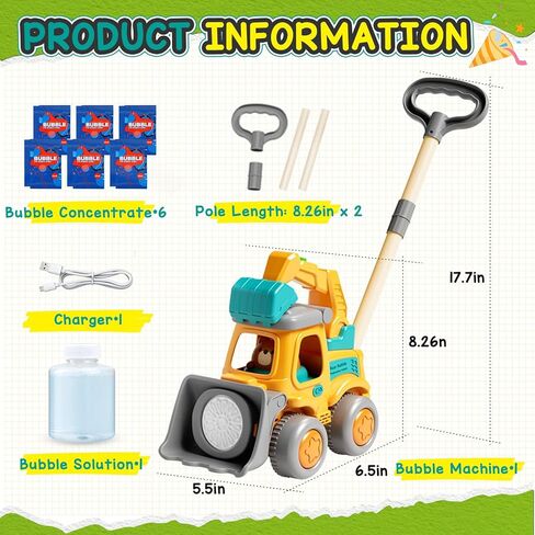Bubble Machine for Toddlers 3-6: Construction Truck Bubble Lawn Mover, 2-in-1 Handheld Push Automatic Bubble Blower with Led Lights USB Rechargeable, Bubbles Toy for Kids Boy Girl 3-6 Year Old in Kuwait