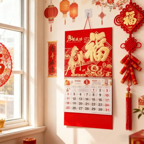 KYMY Chinese Wall Calendar Monthly, 2026 Asian New Year Traditional Zodiac Calendar, The Year of Horse Year Hanging Calendar for Chinese Lunar New Year Decorations Spring Festival 挂历农历 in Saudi Arabia