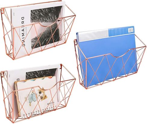 TQVAI Hanging Wall File Organizer 3 Pack, Metal Wall Mounted File Holder, No Assembly Required, Curved Pocket Paper Document Rack for Office Home School Magazine Mail Storage, Rose Gold in Saudi Arabia