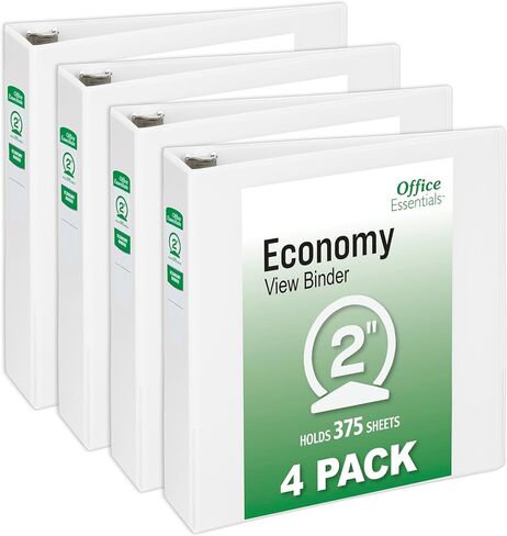 Office Essentials Economy View 3 مجلدات حلقية، 2 حلقات دائرية، 2.8 بوصة عمود فقري، سعة 375 ورقة، مجلدات بيضاء (4 عبوات من 03146) in Kuwait