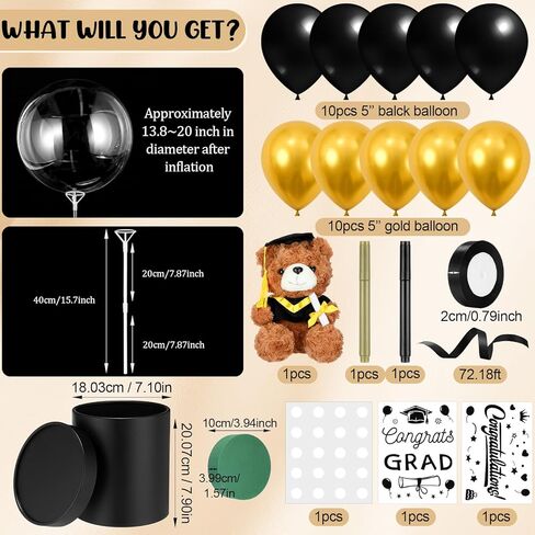 Thenshop 2026 DIY Graduation Surprise Gift Set Graduation Party Supplies, 9.8 In Bear Stuffed Animal with Cap Flower Grad Gift Box 20 In Bobo Balloon Black Gold Latex Balloon for Congrat Grad Ceremony in Saudi Arabia