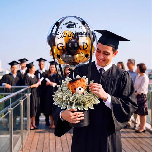 Thenshop 2026 DIY Graduation Surprise Gift Set Graduation Party Supplies, 9.8 In Bear Stuffed Animal with Cap Flower Grad Gift Box 20 In Bobo Balloon Black Gold Latex Balloon for Congrat Grad Ceremony in Saudi Arabia