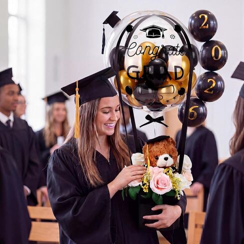 Thenshop 2026 DIY Graduation Surprise Gift Set Graduation Party Supplies, 9.8 In Bear Stuffed Animal with Cap Flower Grad Gift Box 20 In Bobo Balloon Black Gold Latex Balloon for Congrat Grad Ceremony in Saudi Arabia