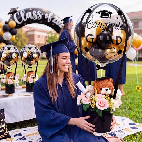 Thenshop 2026 DIY Graduation Surprise Gift Set Graduation Party Supplies, 9.8 In Bear Stuffed Animal with Cap Flower Grad Gift Box 20 In Bobo Balloon Black Gold Latex Balloon for Congrat Grad Ceremony in Saudi Arabia