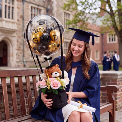 Thenshop 2026 DIY Graduation Surprise Gift Set Graduation Party Supplies, 9.8 In Bear Stuffed Animal with Cap Flower Grad Gift Box 20 In Bobo Balloon Black Gold Latex Balloon for Congrat Grad Ceremony in Saudi Arabia