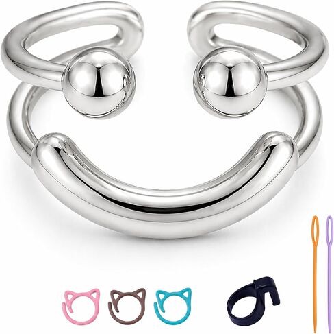 Smiley Face Crochet Tension Ring for Finger, Adjustable Minimalist Yarn Guide Ring for Knitting, Silver Plated Crochet Ring with Thread Cutter & Kit, Joyful Jewelry Gift for Crocheters in Saudi Arabia