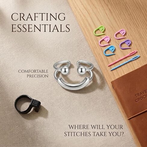 Smiley Face Crochet Tension Ring for Finger, Adjustable Minimalist Yarn Guide Ring for Knitting, Silver Plated Crochet Ring with Thread Cutter & Kit, Joyful Jewelry Gift for Crocheters in Saudi Arabia