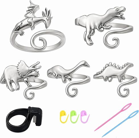 5Pcs Curated Dinosaur & Dragon Crochet Ring for Finger Adjustable, Prehistoric Tension Ring for Crochet & Knitting, T-Rex Stegosaurus Yarn Guide Finger Holder with Thread Cutter Ring, US Size 5-12 in Saudi Arabia