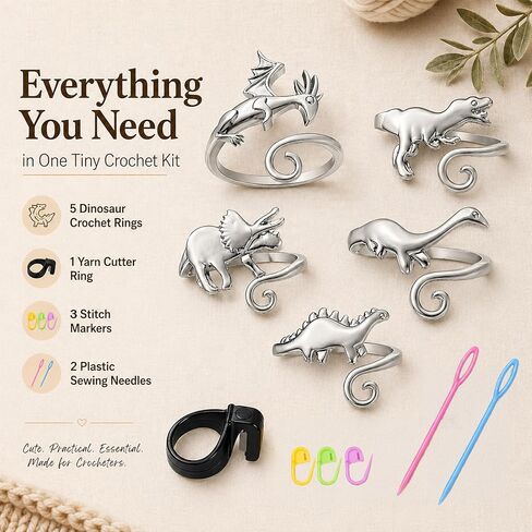 5Pcs Curated Dinosaur & Dragon Crochet Ring for Finger Adjustable, Prehistoric Tension Ring for Crochet & Knitting, T-Rex Stegosaurus Yarn Guide Finger Holder with Thread Cutter Ring, US Size 5-12 in Saudi Arabia