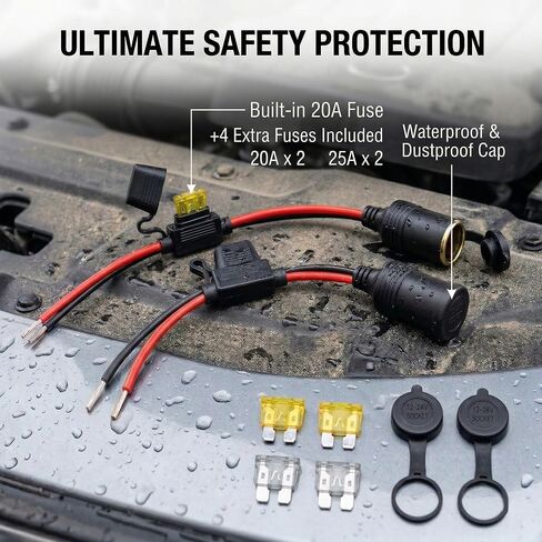 2-Pack 13AWG Heavy Duty Car Cigarette Lighter Socket with 20A Fuse, 12V 24V Female Socket to Bare Wire Open End Cable, 1FT Replacement Power Cord for Inverter, Air Pump, Car Fridge in Saudi Arabia