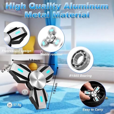 ATESSON Light Up Fidget Spinner Metal Fidget Toys للبالغين والأطفال من الفولاذ المقاوم للصدأ تحمل وقت دوران طويل هادئ وسلس، وتخفيف التوتر والقلق ADHD لعبة Fidget Spinners مع الفلورسنت in Kuwait
