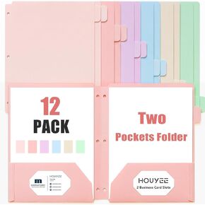 HOUYEE 12 Pack Plastic Folders with Pockets 3 Hole Punched, 2 Pockets File Folders for 3 Ring Binder, with 2 Business Card Slot, 1/6 Cut Tabs & Labels, for Letter Size, School Office Home Bussiness in Kuwait