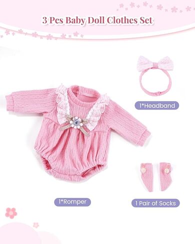 BABESIDE 12-16 Inch Baby Doll Clothes Set, 3 Pcs Pink Doll Outfit with Romper, Headband & Socks, Soft Cute Baby Doll Accessories for Girls Pretend Play Gift for Kids 3+ in Kuwait