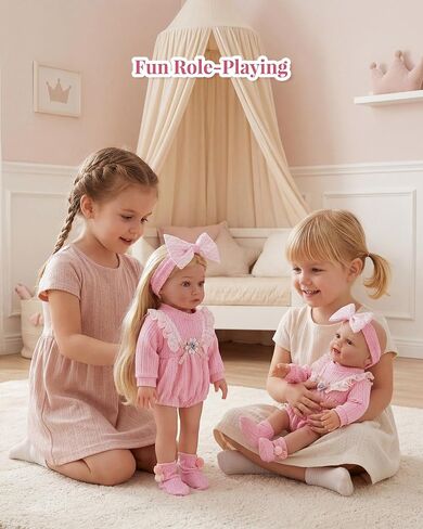 BABESIDE 12-16 Inch Baby Doll Clothes Set, 3 Pcs Pink Doll Outfit with Romper, Headband & Socks, Soft Cute Baby Doll Accessories for Girls Pretend Play Gift for Kids 3+ in Kuwait