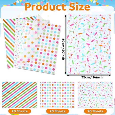 Marspark 60 Sheets Rainbow Tissue Paper for Gift Bags, Polka Dot, Stripe and Confetti Gift Wrapping Paper for Birthday, DIY Crafts, Baby Shower, Party Decor and Wedding, Bulk 3 Designs in Kuwait