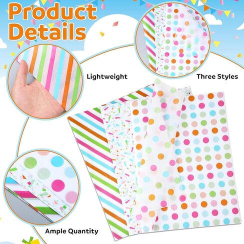 Marspark 60 Sheets Rainbow Tissue Paper for Gift Bags, Polka Dot, Stripe and Confetti Gift Wrapping Paper for Birthday, DIY Crafts, Baby Shower, Party Decor and Wedding, Bulk 3 Designs in Kuwait