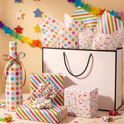 Marspark 60 Sheets Rainbow Tissue Paper for Gift Bags, Polka Dot, Stripe and Confetti Gift Wrapping Paper for Birthday, DIY Crafts, Baby Shower, Party Decor and Wedding, Bulk 3 Designs in Kuwait