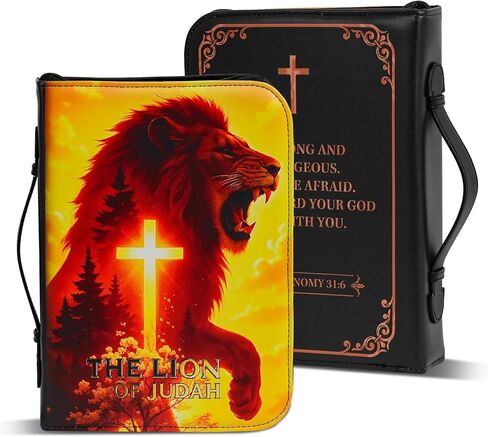 Premium Leather Lion of Judah Bible Cover Christian Faith Bible Carrier Case Religious Scripture Organizer Pastoral Appreciation Gift Protective Bible Case for Study and Travel (Cross Lion, XL) in Saudi Arabia