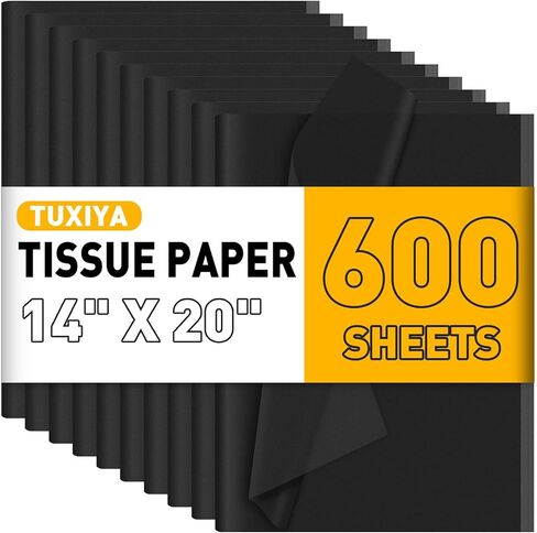 TUXIYA 600 ورقة مناديل سوداء لأكياس الهدايا، 14 × 20 بوصة ورق تغليف أسود بالجملة لتغليف الهدايا حشو الفن الحرف اليدوية DIY عيد ميلاد الزفاف عيد الهالوين عيد الميلاد in Kuwait