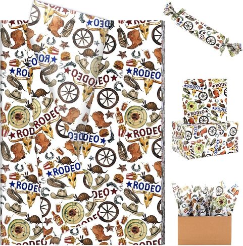 60 Sheets Western Brown Cowboy Tissue Paper, 20x14'' Brown Wild West Cowboy Boots Hat Printed Gift Wrapping Paper for Horse Racing Party Birthday Party Supplies in Kuwait