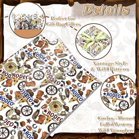 60 Sheets Western Brown Cowboy Tissue Paper, 20x14'' Brown Wild West Cowboy Boots Hat Printed Gift Wrapping Paper for Horse Racing Party Birthday Party Supplies in Kuwait