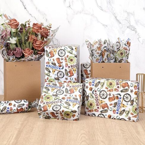 60 Sheets Western Brown Cowboy Tissue Paper, 20x14'' Brown Wild West Cowboy Boots Hat Printed Gift Wrapping Paper for Horse Racing Party Birthday Party Supplies in Kuwait