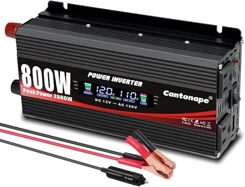 Cantonape 800W محول طاقة السيارة DC 12V إلى 110V/120V AC محول مع شاشة LCD منافذ تيار متردد مزدوجة وشاحن سيارة بمنفذ USB لشاحنة الكمبيوتر المحمول للسيارة باللون الأحمر in Kuwait