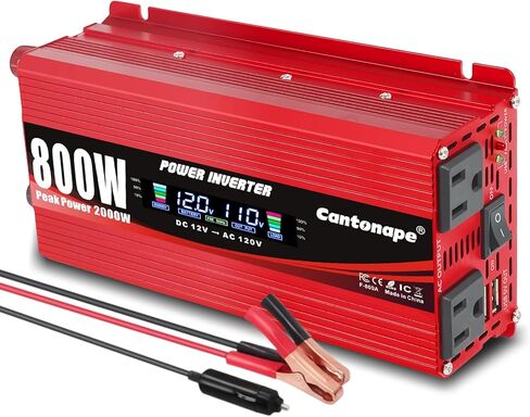 Cantonape 800W محول طاقة السيارة DC 12V إلى 110V/120V AC محول مع شاشة LCD منافذ تيار متردد مزدوجة وشاحن سيارة بمنفذ USB لشاحنة الكمبيوتر المحمول للسيارة باللون الأحمر in Kuwait