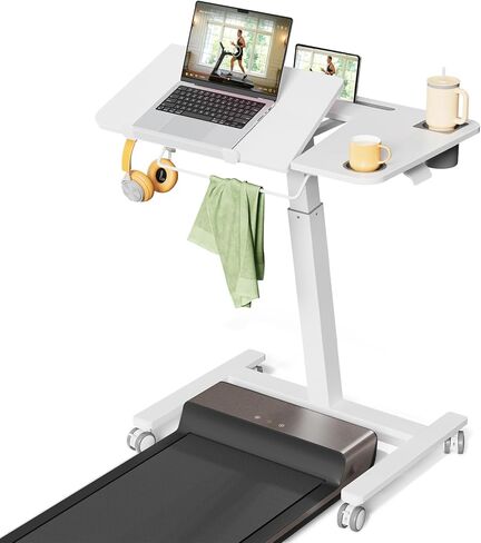 مكتب قائم متنقل من JOY Worker لجهاز المشي، 31.5 بوصة، مكتب وسادة مشي صغير قابل للتعديل بارتفاع هوائي، 40 درجة قابلة للطي لمدرب الدراجة المتدحرجة على عجلات مع حامل أكواب ورف منشفة، أبيض in Kuwait