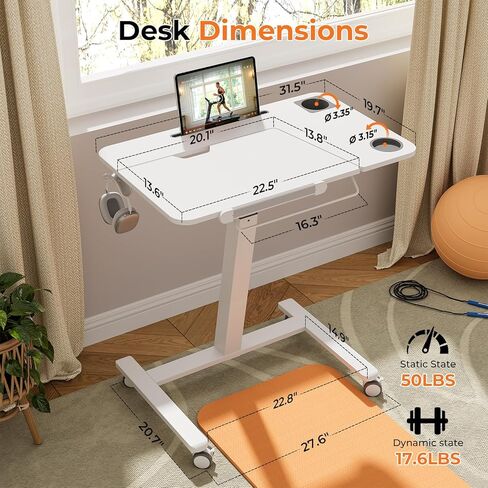 مكتب قائم متنقل من JOY Worker لجهاز المشي، 31.5 بوصة، مكتب وسادة مشي صغير قابل للتعديل بارتفاع هوائي، 40 درجة قابلة للطي لمدرب الدراجة المتدحرجة على عجلات مع حامل أكواب ورف منشفة، أبيض in Kuwait