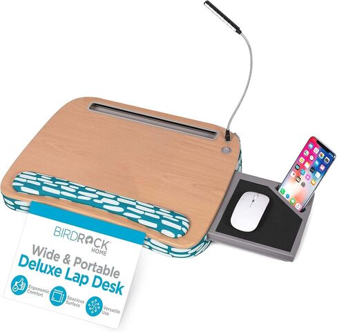 BIRDROCK HOME Deluxe Lap Desk with Pillow Cushion and Wrist Rest | USB Light and Mouse Pad | Fits Laptops Up to 15" | Tablets Up to 9.6" | Teal and White | Desk with Reading Light | Work from Home in Saudi Arabia