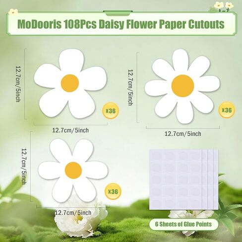 MoDooris 108pcs زهرة الأقحوان القواطع 5 بوصة لوحة الإعلانات ورقة ديزي يموت تخفيضات بوهو زهرة بيضاء الزهور ديكور الفصول الدراسية مع نقطة الغراء لعيد ميلاد الربيع الصيف العودة إلى المدرسة حزب ديكور جدار المنزل in Kuwait