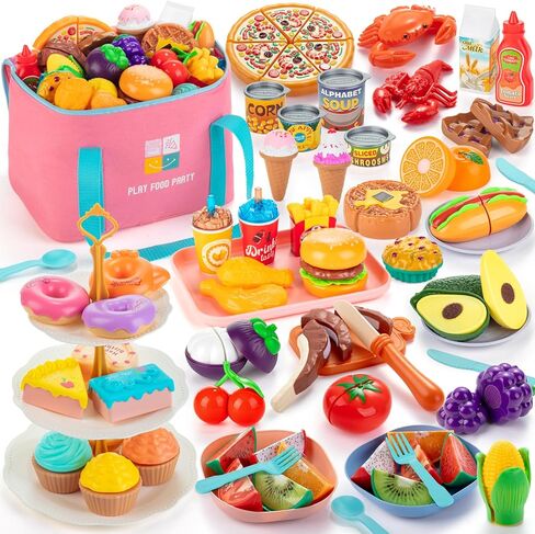 EFOSHM Pretend Play Food Sets for Kids Kitchen, Cutting Toy Food for Toddlers, Play Kitchen Accessories with Storage Bag, Fake Food Fruit Dessert Pizza, 3 4 5 6 Years Boys Girls Gift in Saudi Arabia