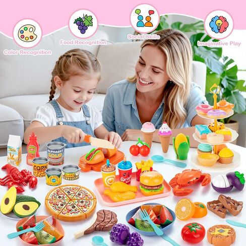 EFOSHM Pretend Play Food Sets for Kids Kitchen, Cutting Toy Food for Toddlers, Play Kitchen Accessories with Storage Bag, Fake Food Fruit Dessert Pizza, 3 4 5 6 Years Boys Girls Gift in Saudi Arabia