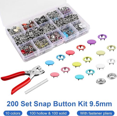 AJulyBee 200 Set 9.5mm Metal Snap Button Kit - Premium Snaps for Sewing Fabric & Clothes DIY, Versatile Craft Sewing Supplies for Garment and Bag Making, Complete Snap Fasteners Kit with Button Maker in Saudi Arabia