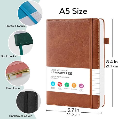 Lined Journal Notebook, A5 (5.7'' x 8.4"), 2 Pack Journaling Notebooks for Women Men Writing Work, Leather Hardcover, 160 Pages per Note Book, 100GSM Thick Paper, School Office Supplies, Black & Brown in Saudi Arabia