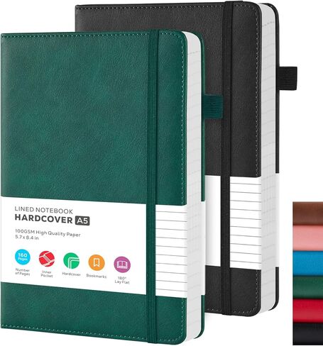 Lined Journal Notebook, A5 (5.7'' x 8.4"), 2 Pack Journaling Notebooks for Women Men Writing Work, Leather Hardcover, 160 Pages per Note Book, 100GSM Thick Paper, School Office Supplies, Black & Brown in Saudi Arabia