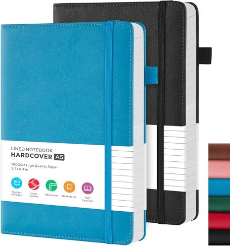 Lined Journal Notebook, A5 (5.7'' x 8.4"), 2 Pack Journaling Notebooks for Women Men Writing Work, Leather Hardcover, 160 Pages per Note Book, 100GSM Thick Paper, School Office Supplies, Black & Brown in Saudi Arabia
